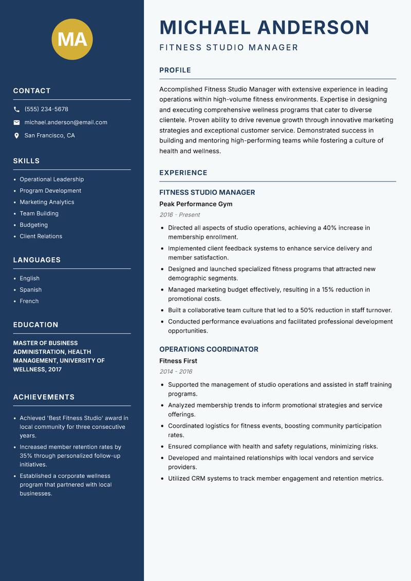 Fitness Studio Manager resume template — Classic Clean