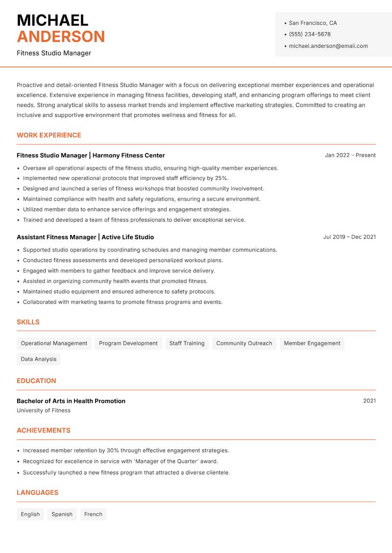 Fitness Studio Manager resume template — Modern Professional