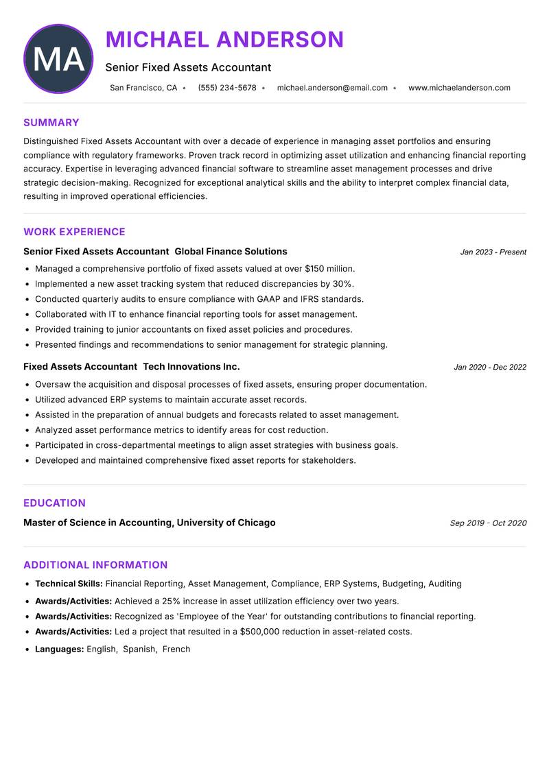 Fixed Assets Accountant resume example — ATS-friendly template