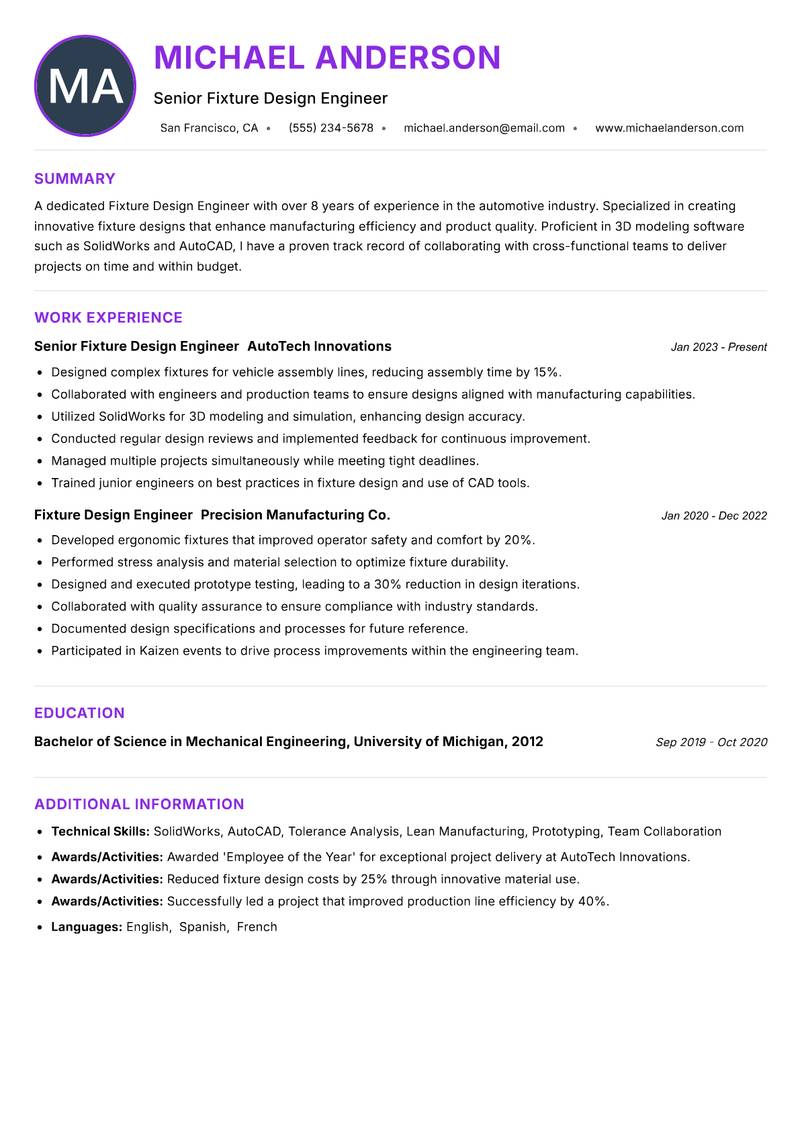 Fixture Design Engineer resume example — ATS-friendly template