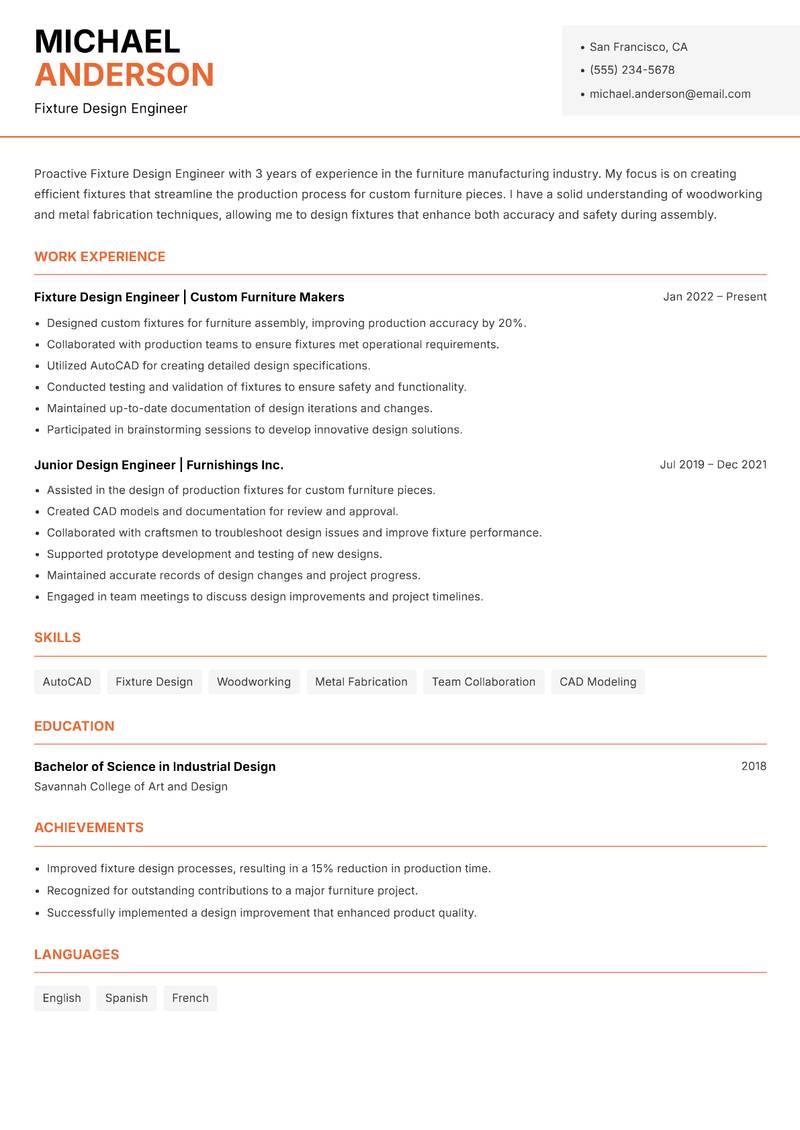 Fixture Design Engineer resume template — Modern Professional