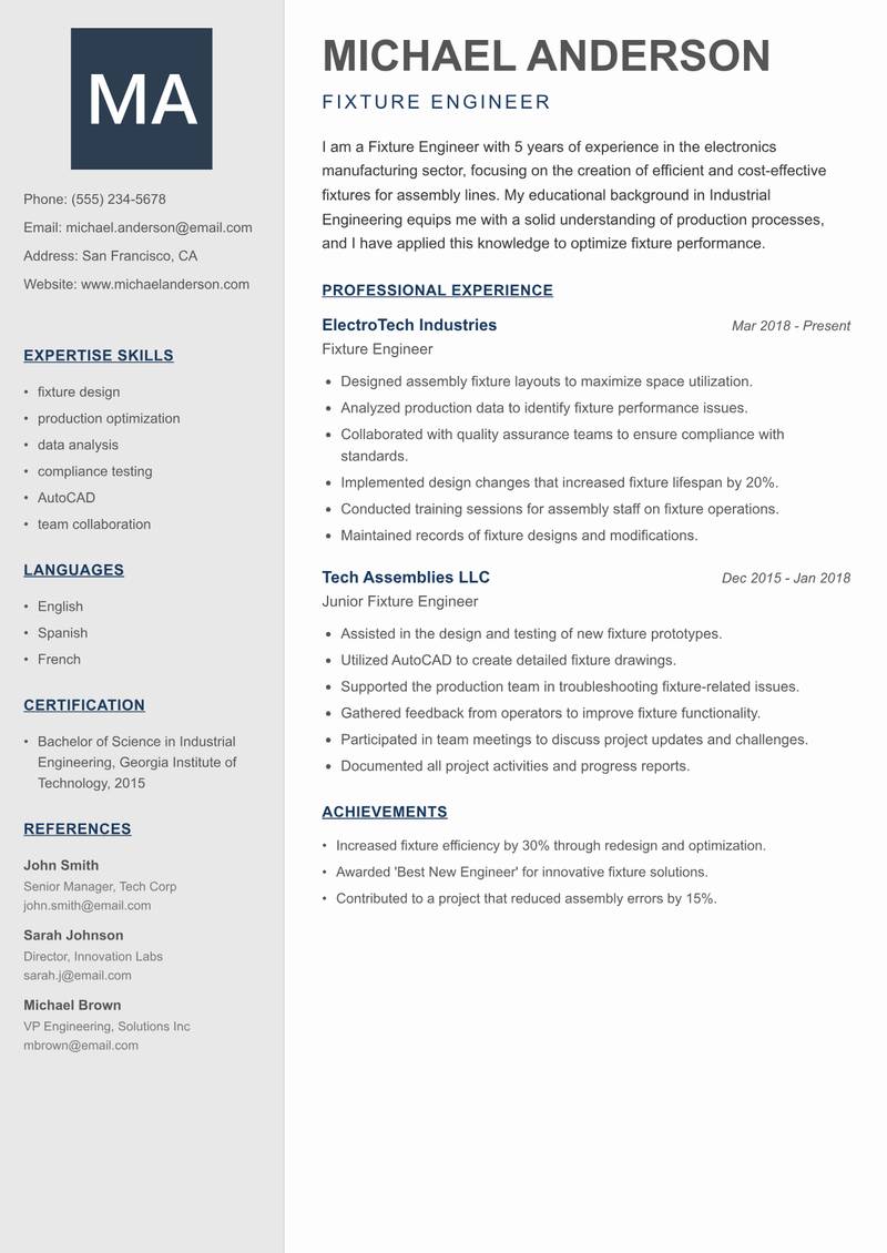 Fixture Engineer resume template — Creative Minimal