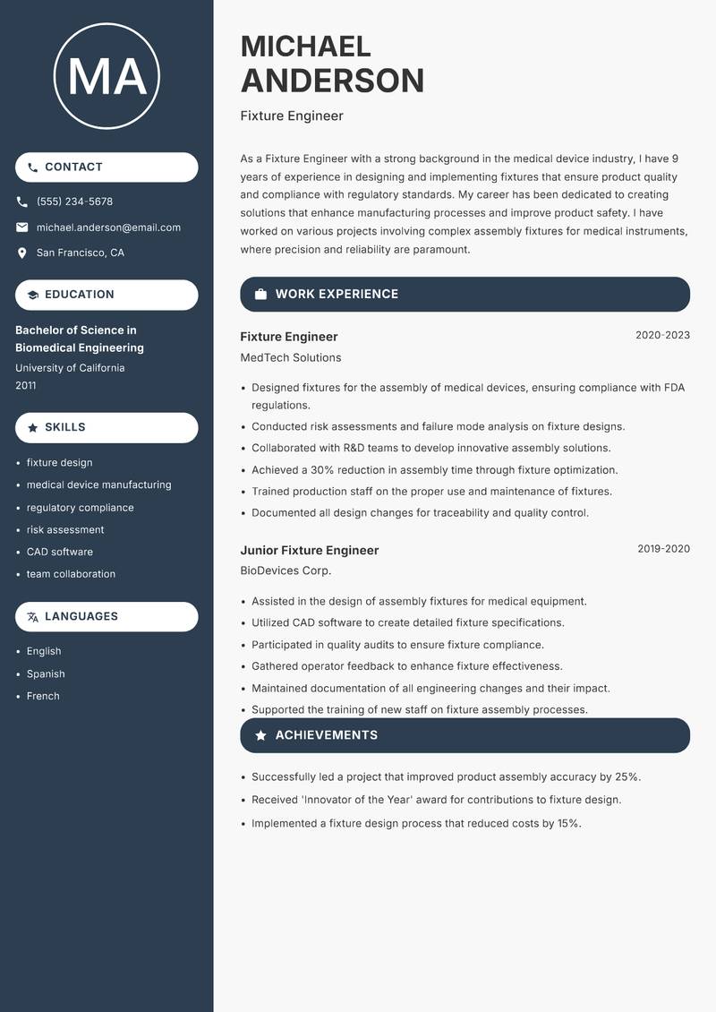 Fixture Engineer resume template — Compact