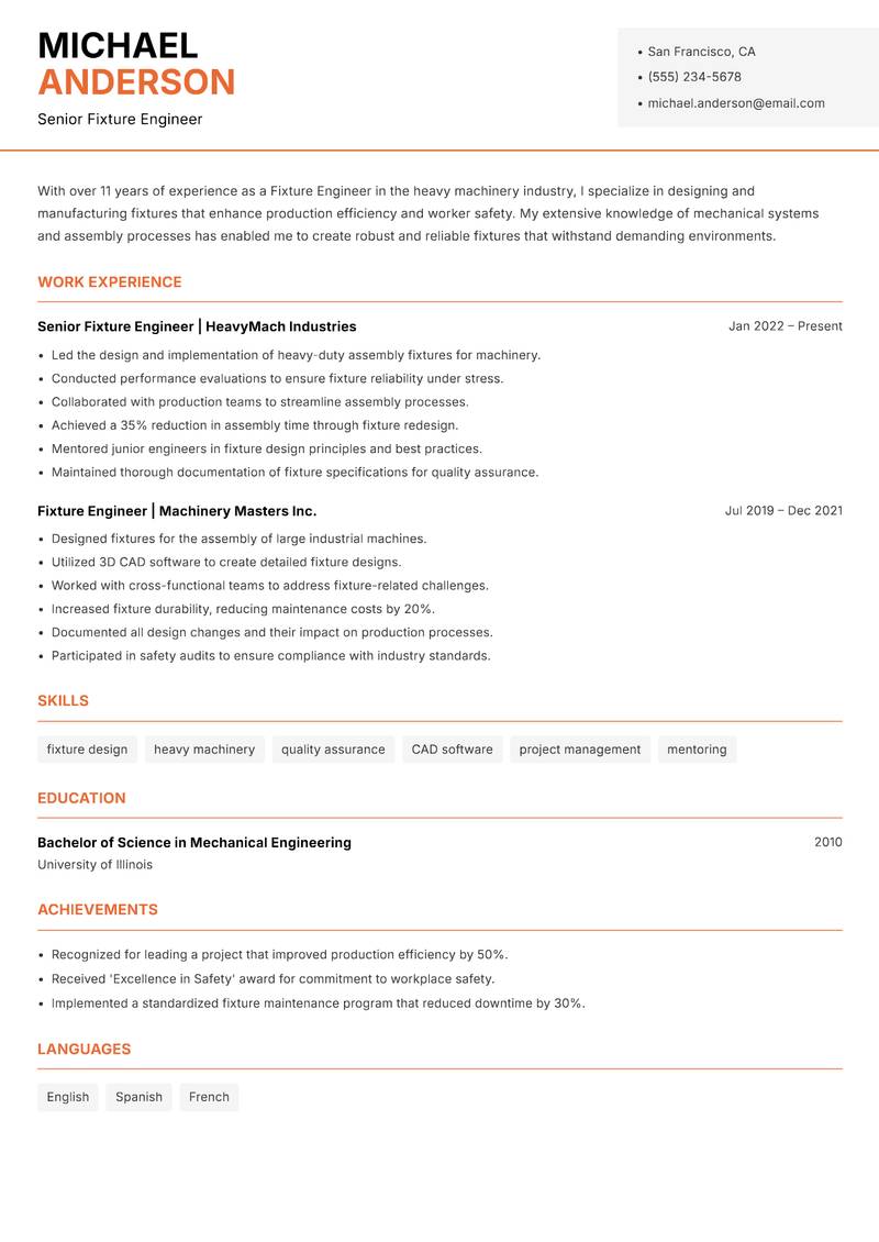 Fixture Engineer resume template — Modern Professional