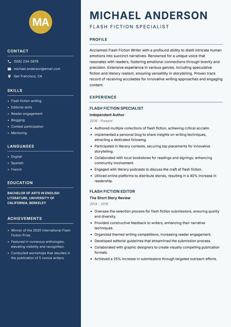 Flash Fiction Writer resume template — Classic Clean