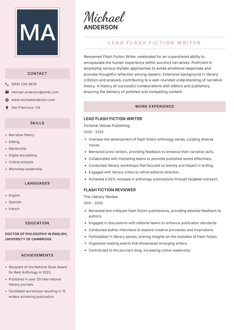 Flash Fiction Writer resume template — Executive