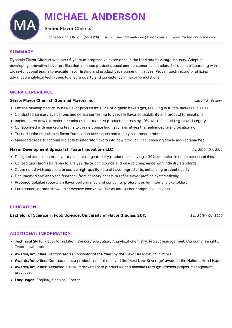 Flavor Chemist resume example — ATS-friendly template