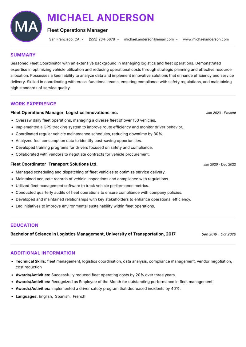Fleet Coordinator resume example — ATS-friendly template