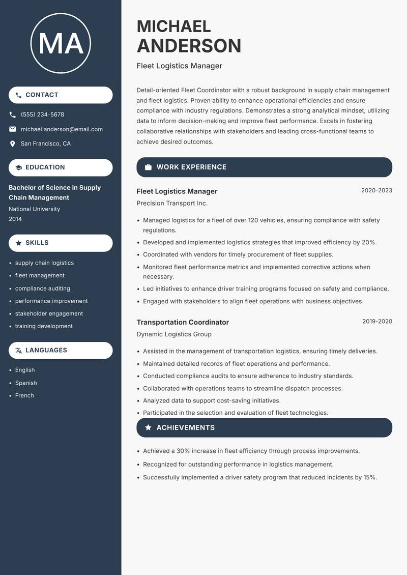 Fleet Coordinator resume template — Compact
