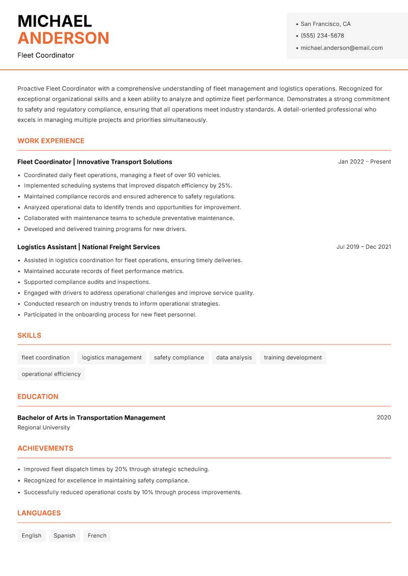 Fleet Coordinator resume template — Modern Professional