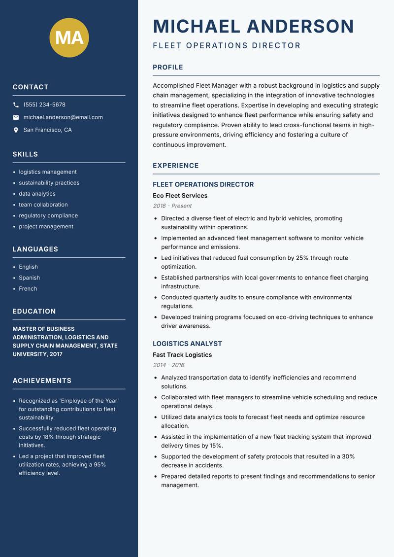Fleet Manager resume template — Classic Clean