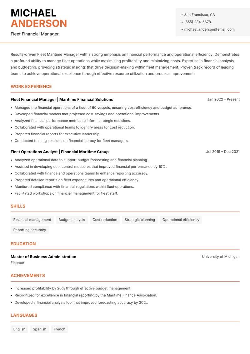 Fleet Maritime Manager resume template — Modern Professional