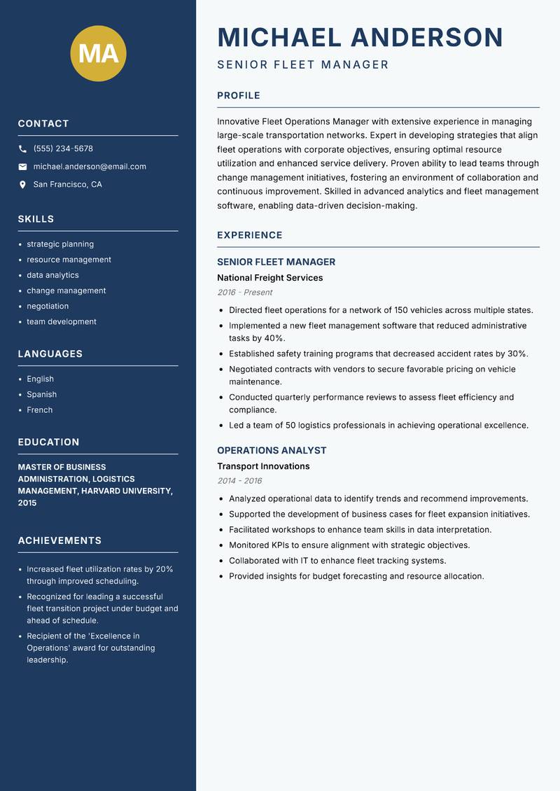 Fleet Operations Manager resume template — Classic Clean