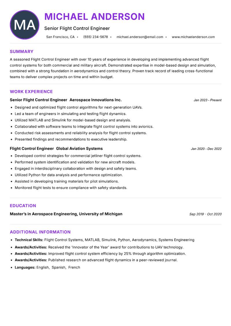 Flight Control Engineer resume example — ATS-friendly template