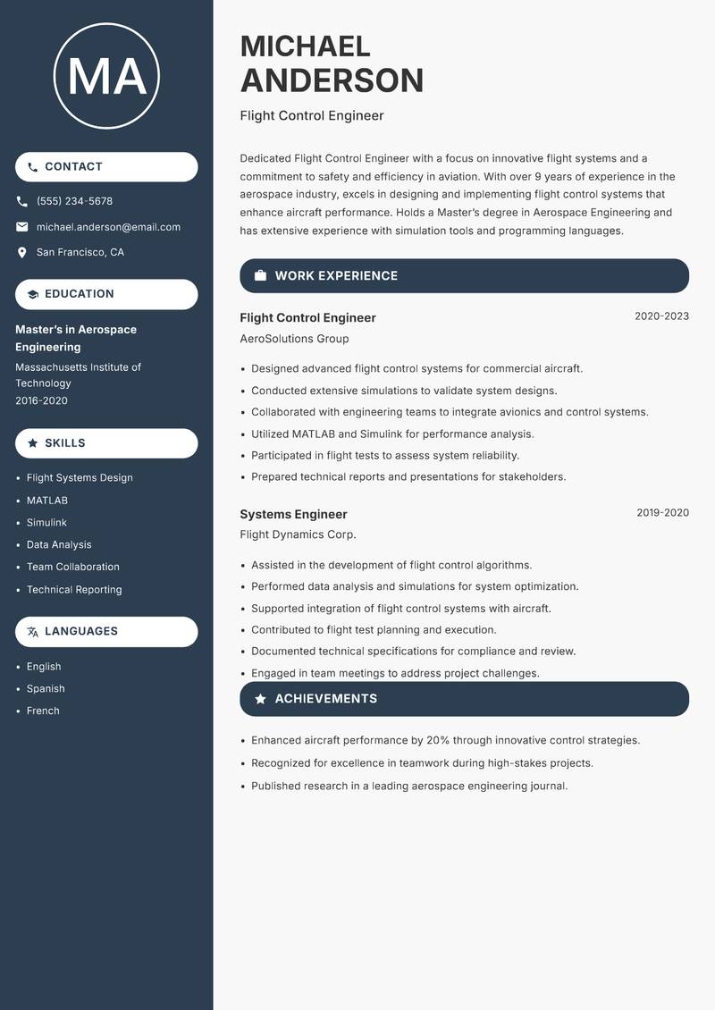 Flight Control Engineer resume template — Compact