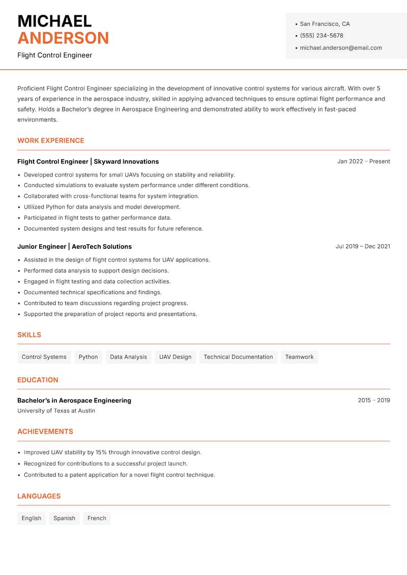 Flight Control Engineer resume template — Modern Professional