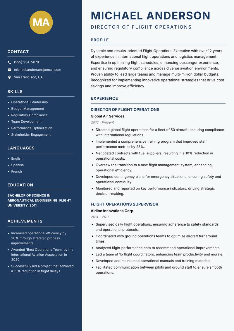 Flight Operations Executive resume template — Classic Clean