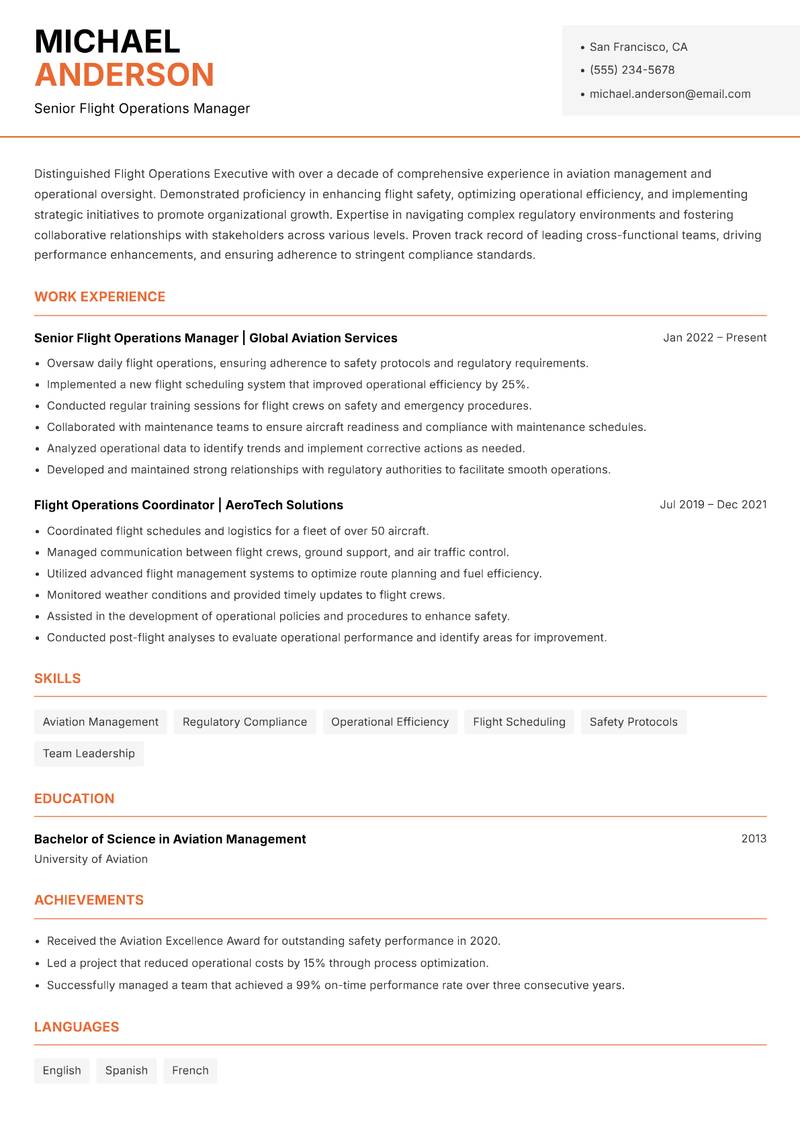 Flight Operations Executive resume template — Modern Professional