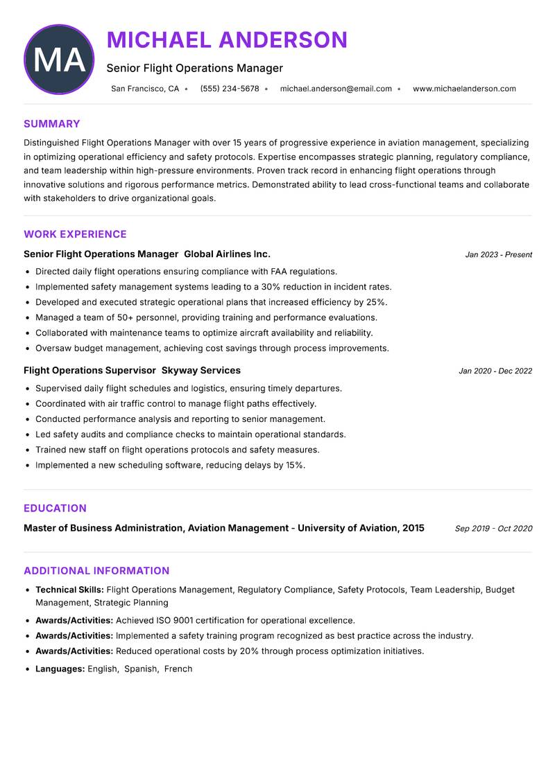 Flight Operations Manager resume example — ATS-friendly template