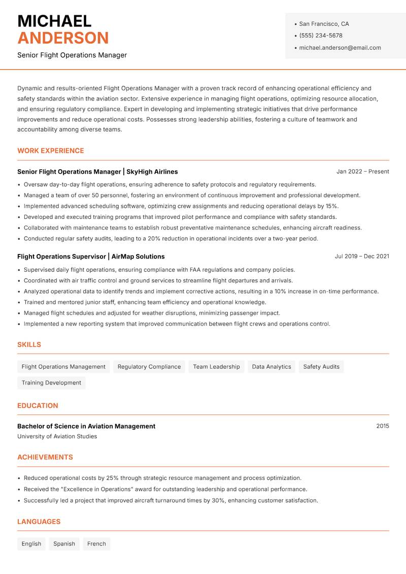 Flight Operations Manager resume template — Modern Professional