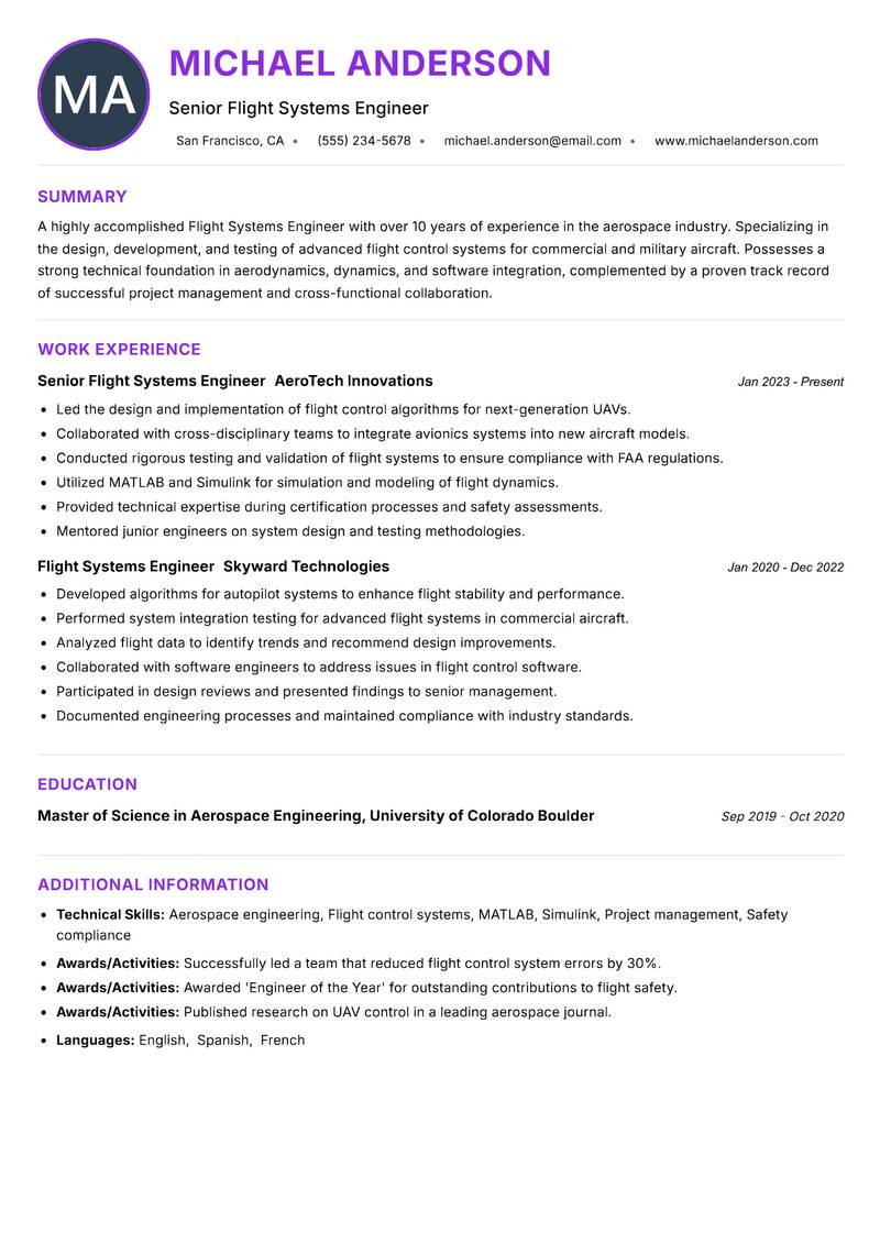 Flight Systems Engineer resume example — ATS-friendly template