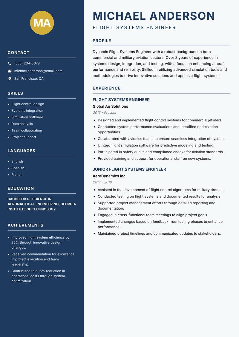 Flight Systems Engineer resume template — Classic Clean