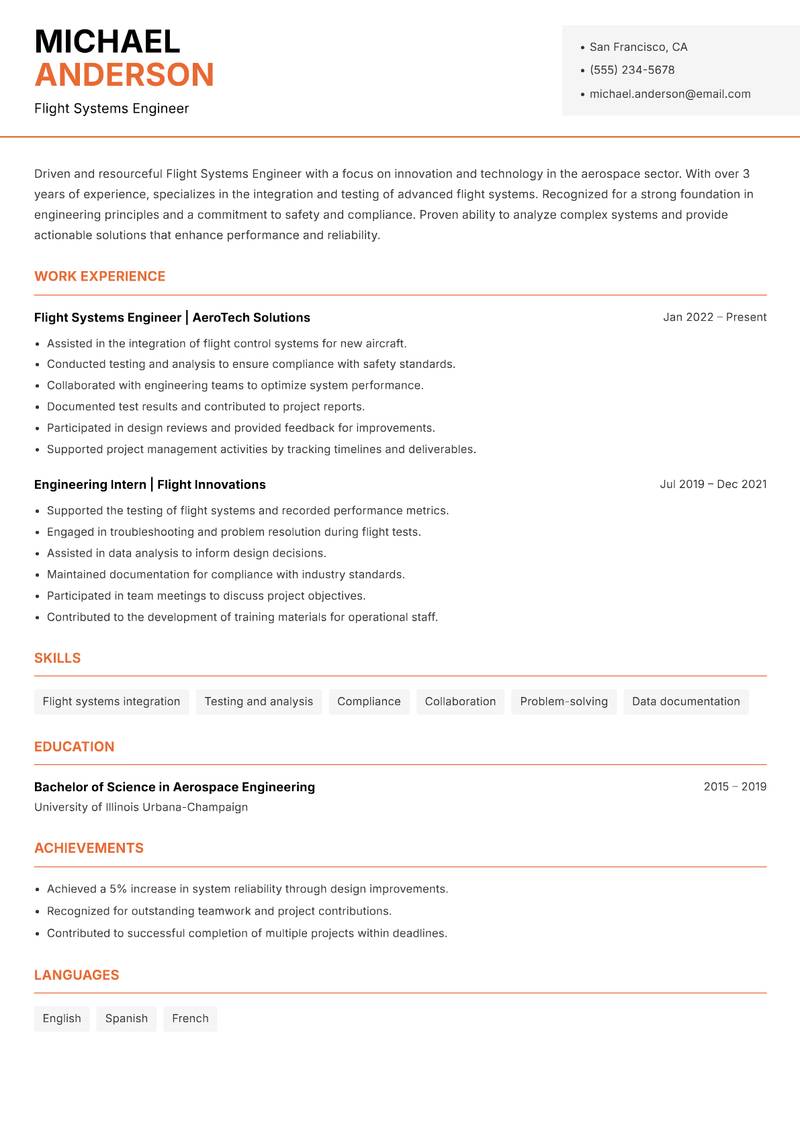 Flight Systems Engineer resume template — Modern Professional