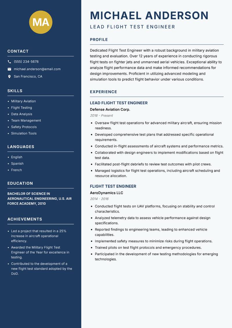 Flight Test Engineer resume template — Classic Clean