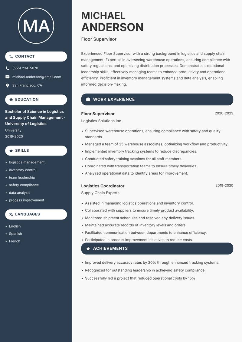 Floor Supervisor resume template — Compact