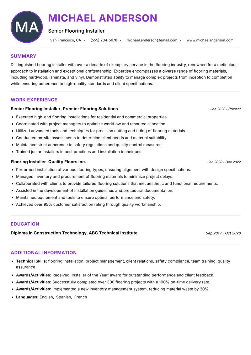 Flooring Installer resume example — ATS-friendly template