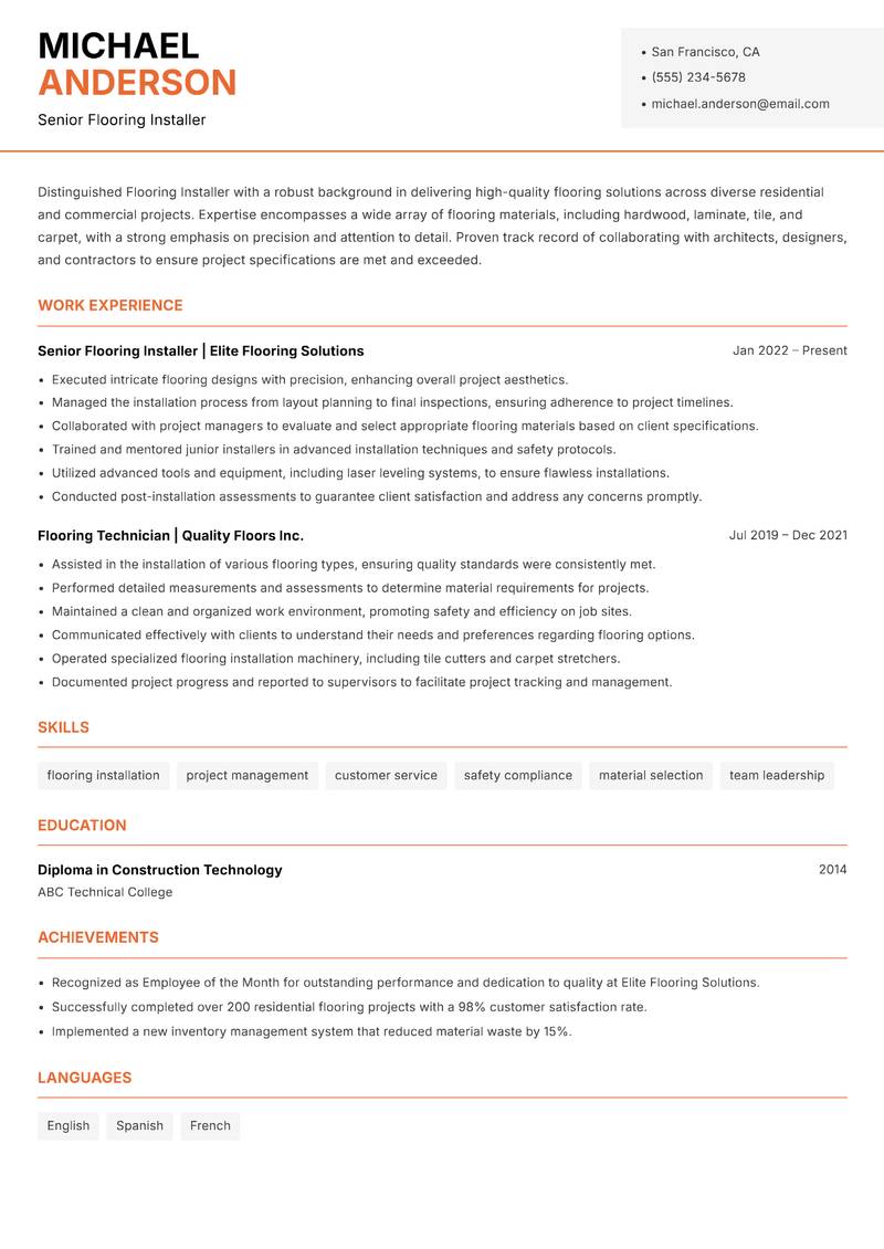 Flooring Installer resume template — Modern Professional
