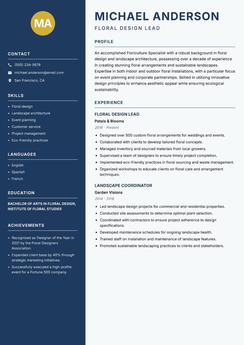 Floriculture Specialist resume template — Classic Clean