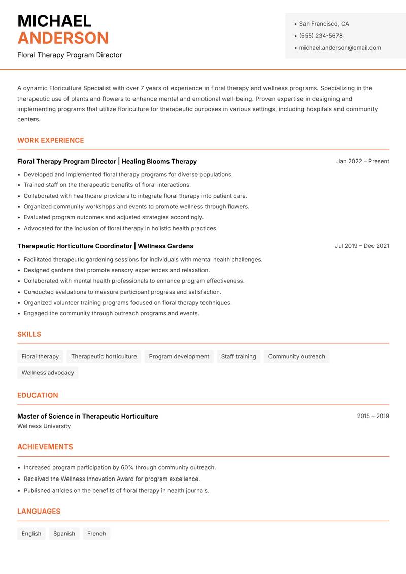Floriculture Specialist resume template — Modern Professional