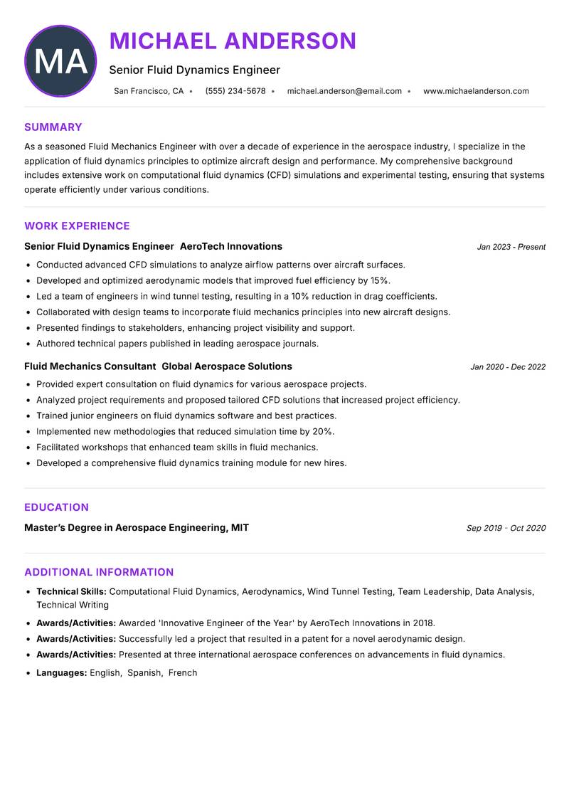 Fluid Mechanics Engineer resume example — ATS-friendly template