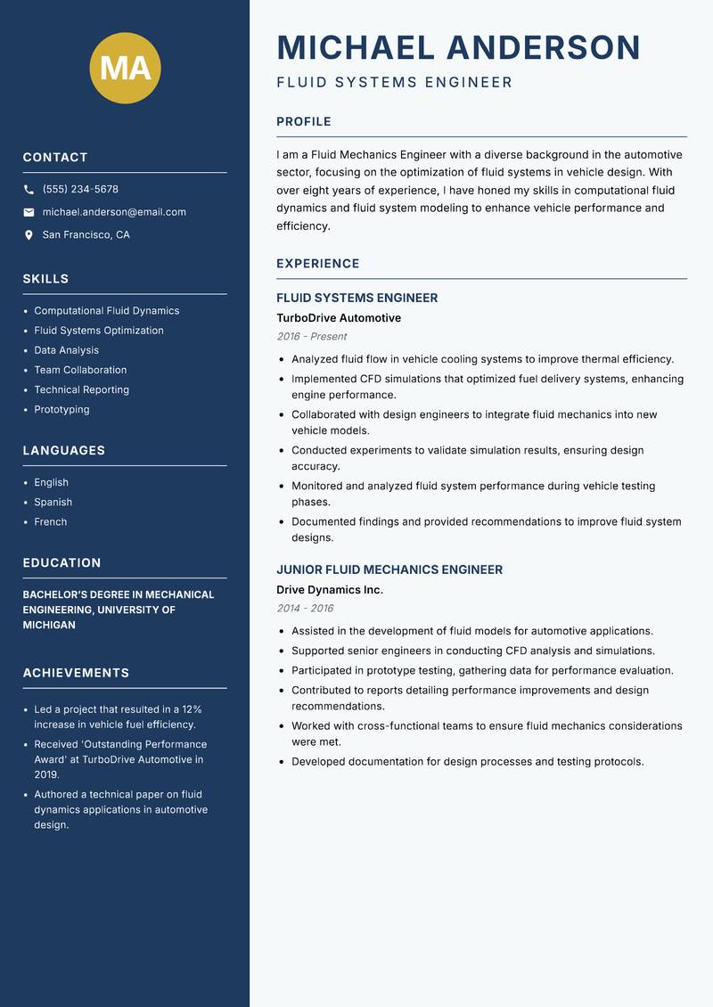 Fluid Mechanics Engineer resume template — Classic Clean
