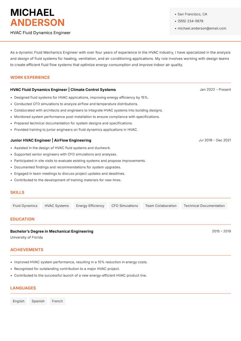 Fluid Mechanics Engineer resume template — Modern Professional