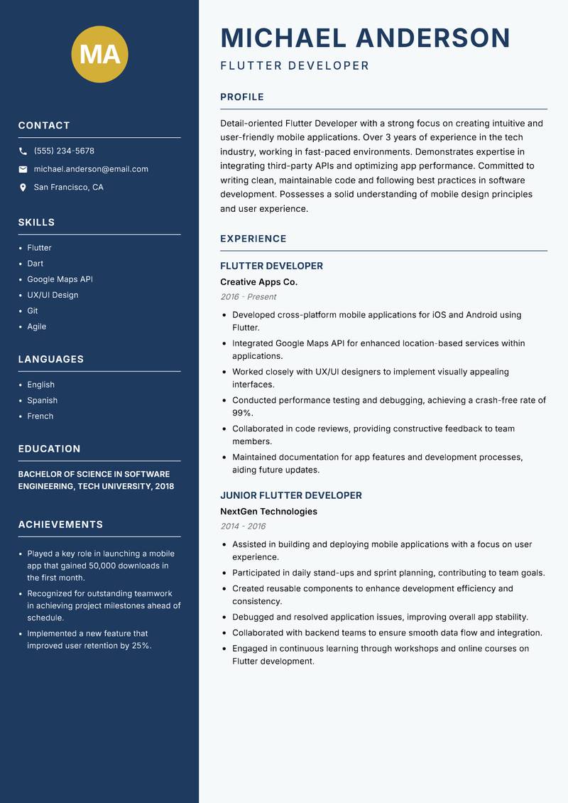 Flutter Developer resume template — Classic Clean