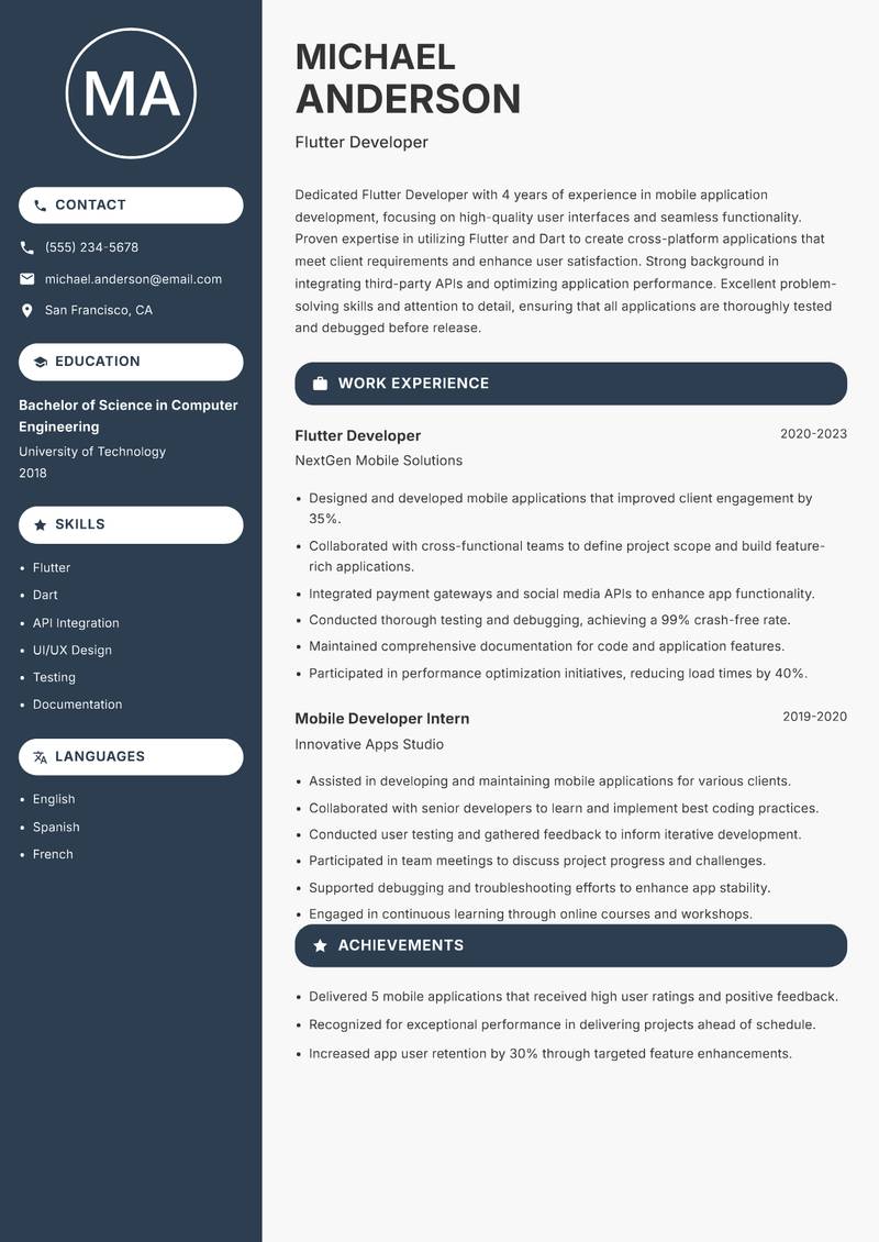 Flutter Developer resume template — Compact