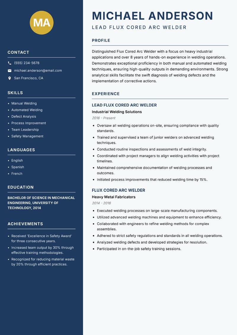 Flux Cored Arc Welder resume template — Classic Clean