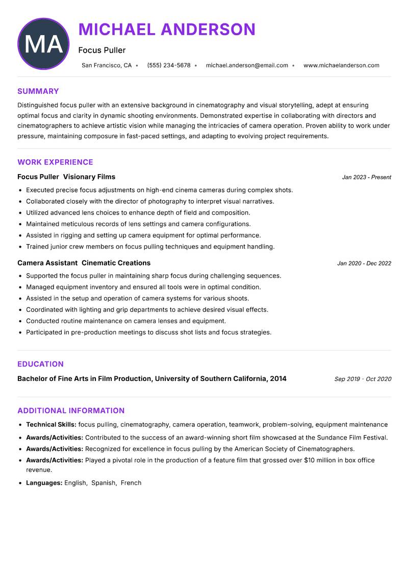 Focus Puller resume example — ATS-friendly template