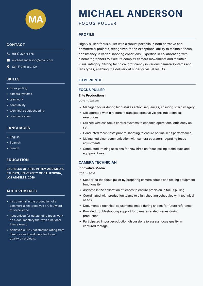 Focus Puller resume template — Classic Clean