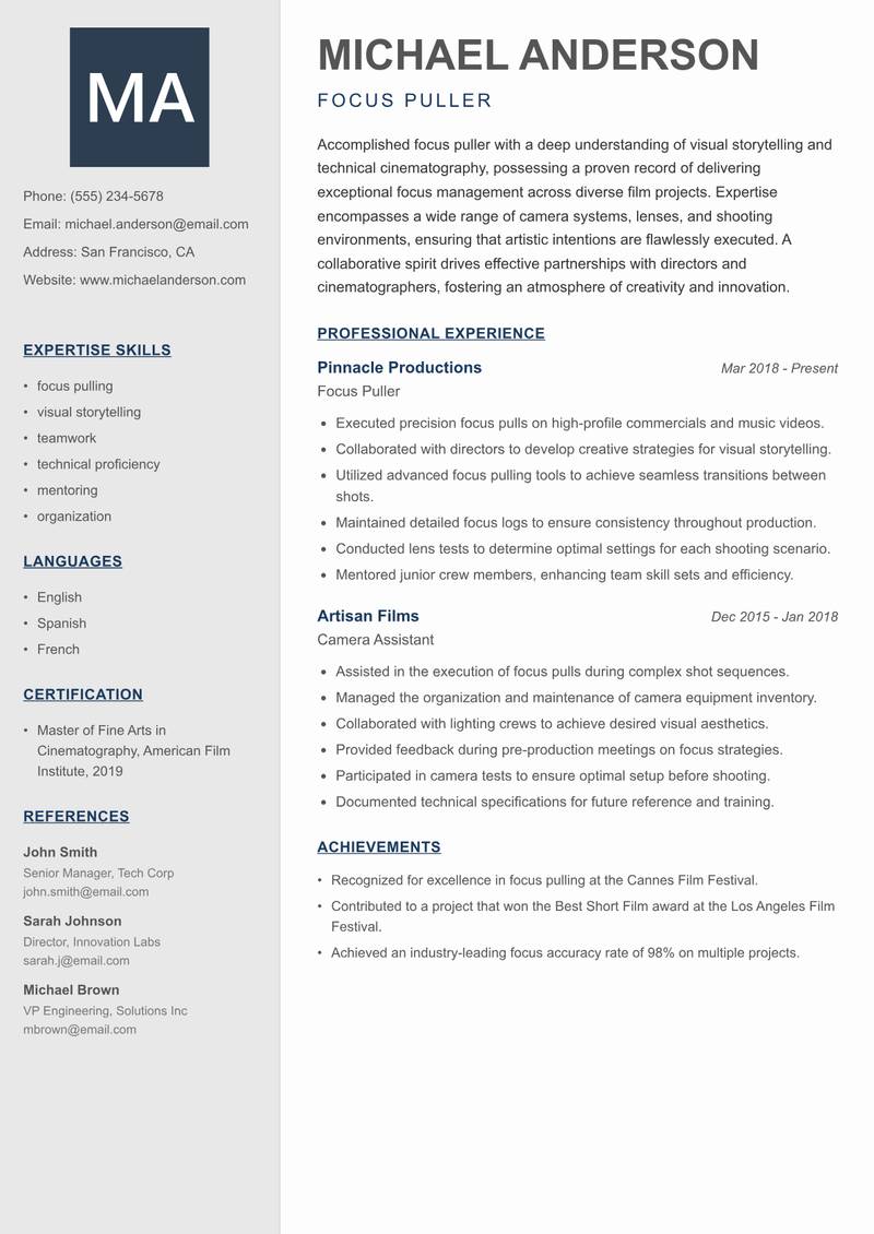 Focus Puller resume template — Creative Minimal