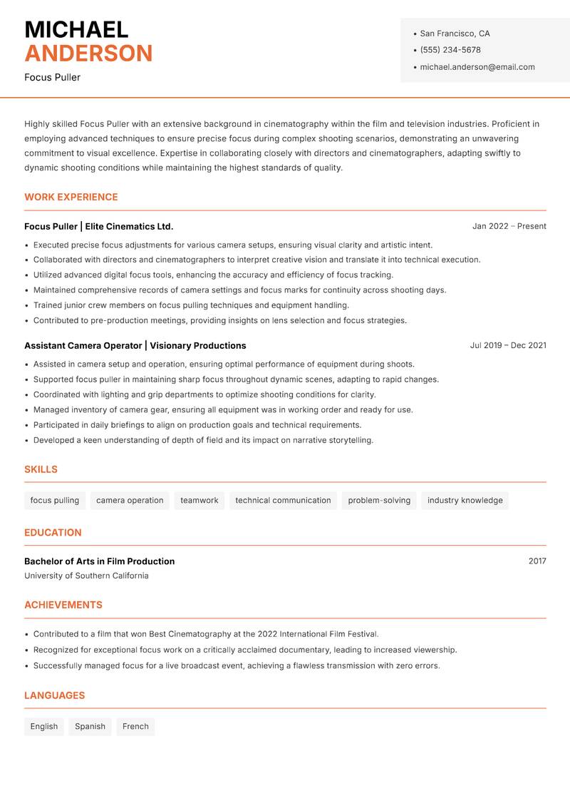 Focus Puller resume template — Modern Professional