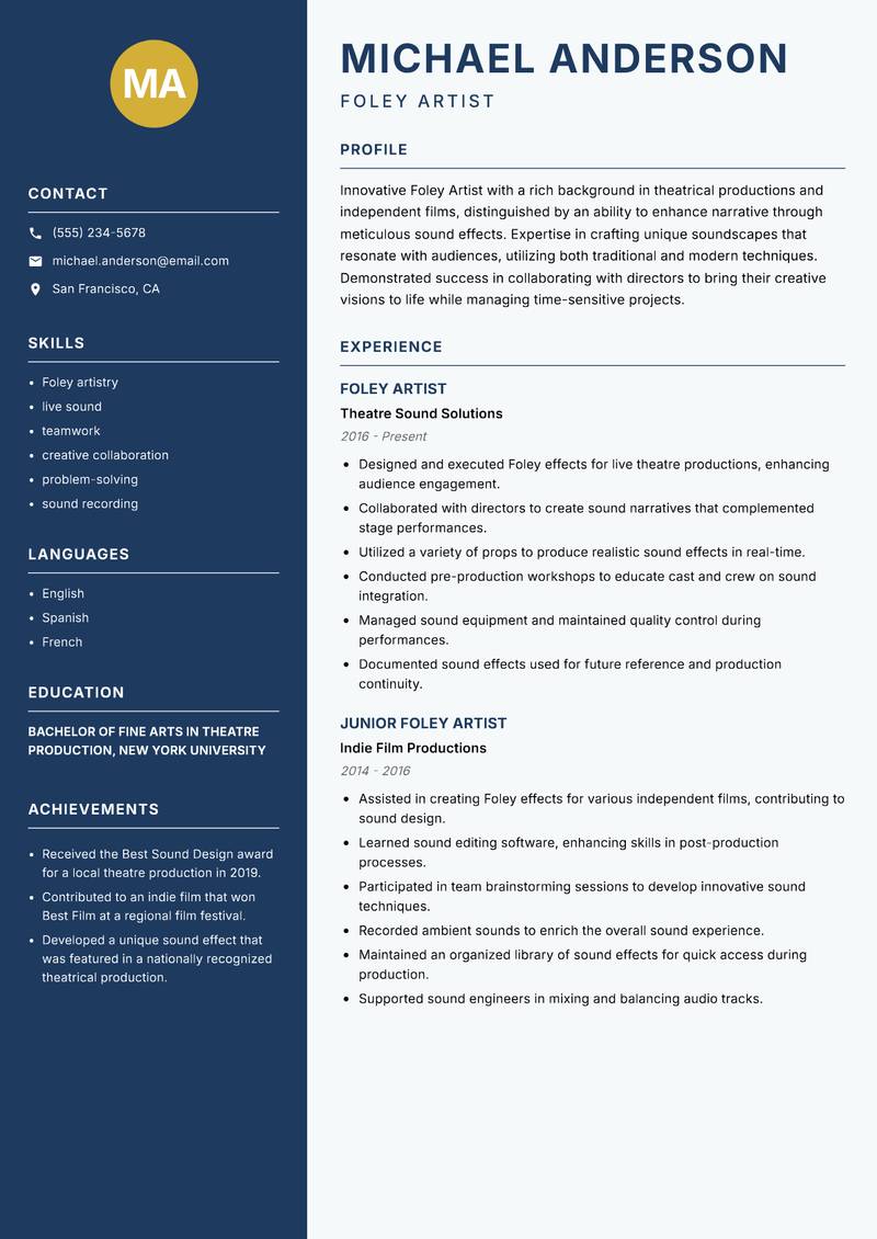 Foley Artist resume template — Classic Clean