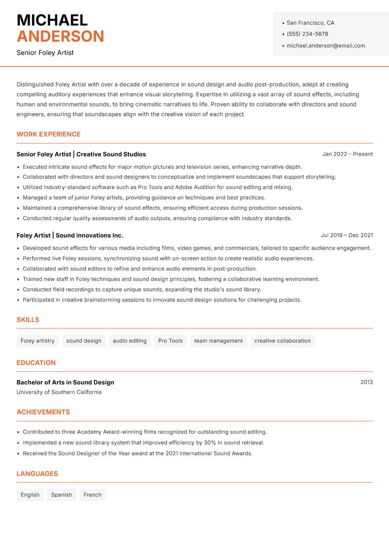 Foley Artist resume template — Modern Professional