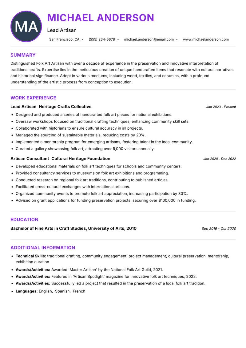 Folk Art Artisan resume example — ATS-friendly template