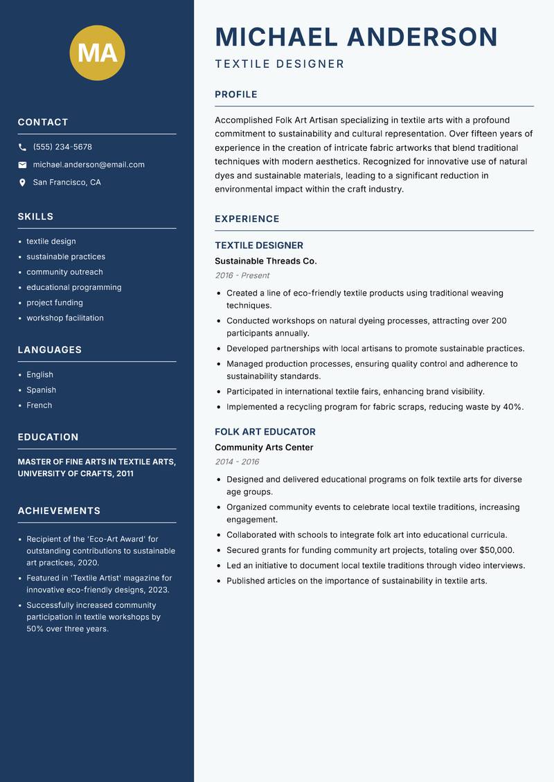 Folk Art Artisan resume template — Classic Clean