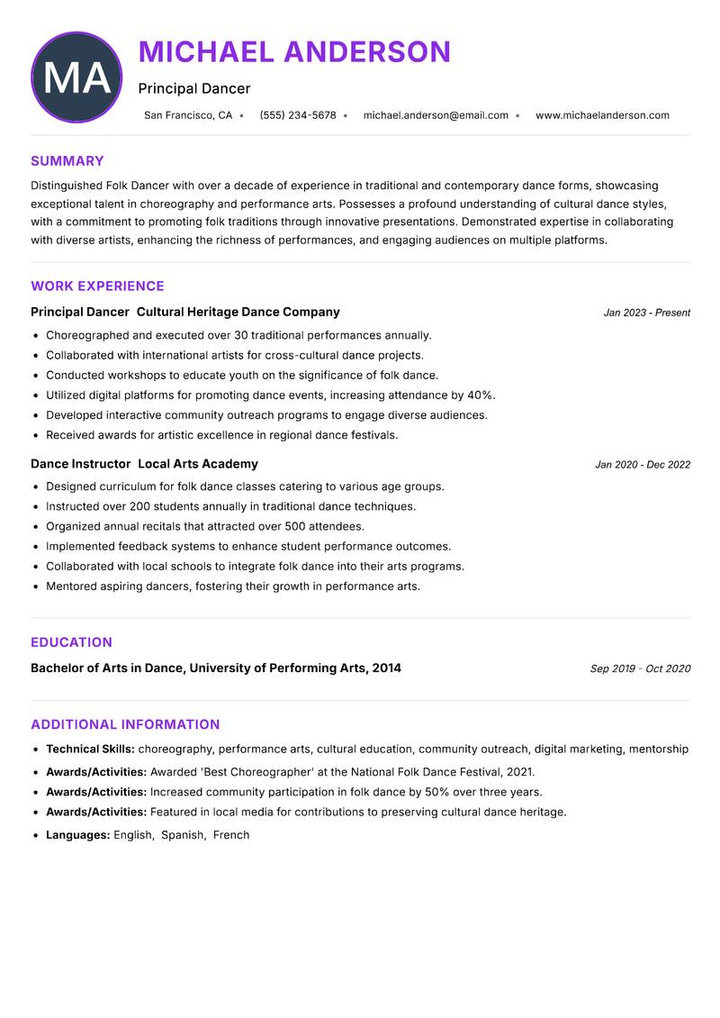 Folk Dancer resume example — ATS-friendly template