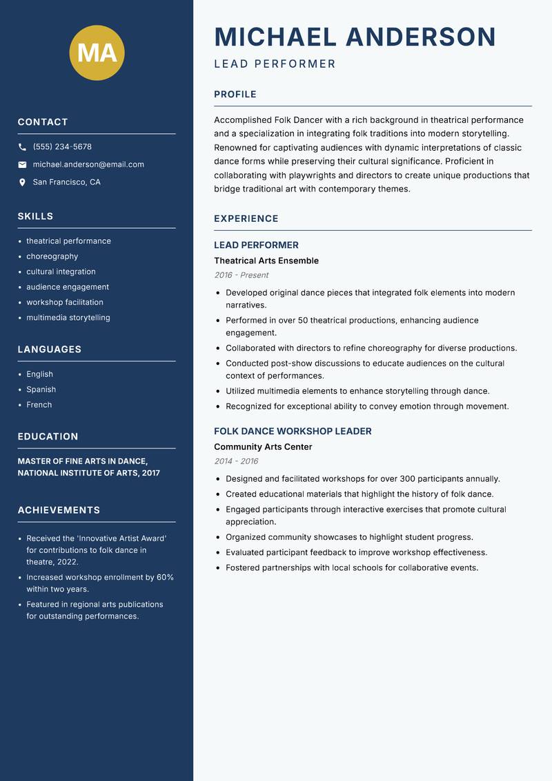 Folk Dancer resume template — Classic Clean