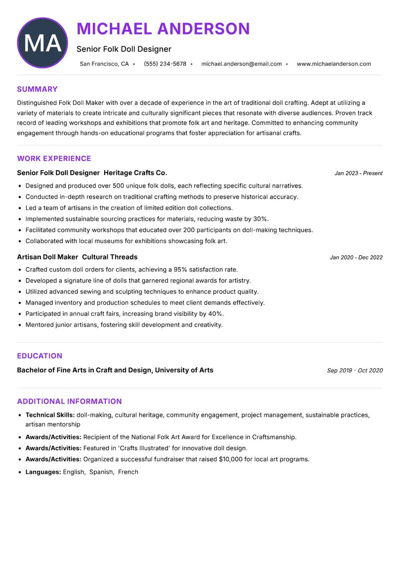 Folk Doll Maker resume example — ATS-friendly template